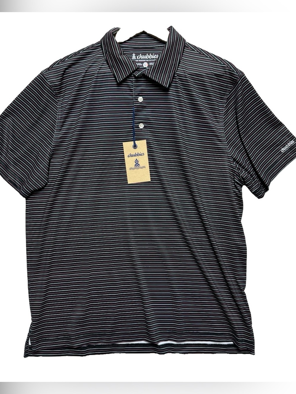 Chubbies The Suh Dude Performance Polo Mens Large Black Pink Striped NWT